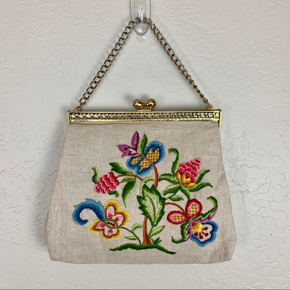 Vintage Embroidered Purse Floral Chain Handle Silk